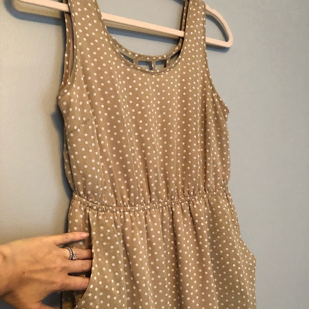 Nude A-line dress with White Polka Dots